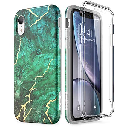SURITCH Marble iPhone XR Case, [Built-in Screen Protector] Full-Body Protection Hard PC Bumper   Glossy Soft TPU Rubber Gel Shockproof Cover for iPhone XR- Green/Gold