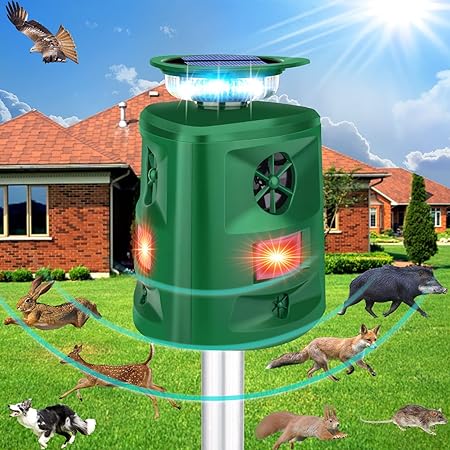 Solar Animal Repeller Outdoor,360°Solar Pest Animal Repellent,Cat Repellent Outdoor,Solar Powered Ultrasonic Bird Repeller,Motion Sensor & Flashing Light, Repel Raccoon,Deer,Squirrels,Coyot Deterrent