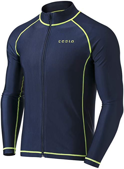 Tesla Men's UPF 50  Zip Front Long Sleeve Top Rashguard Swimsuit MSZ03/MZS13