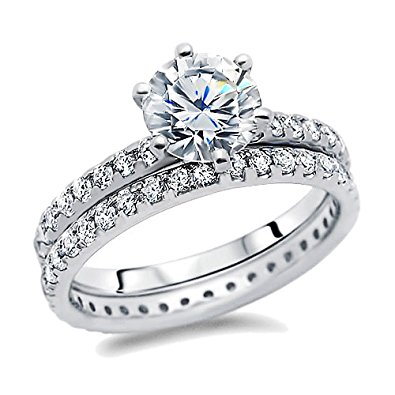 Sterling Silver Rhodium Plated, Wedding Ring Round Cubic Zirconia Engagement Ring Bridal Set
