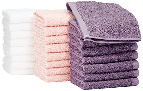 AmazonBasics Cotton Washcloth - Pack of 24, Multi-color (Petal Pink, Lavender, White)