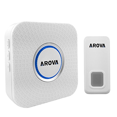 Arova Wireless Doorbell Waterproof Door Bell Kit - 1000 Feet Operating, 55 Chimes, 5 Level Volume, LED Indicator, 1 Remote Button & 1 (No Battery Needed) Plug-In AC Receiver (White)