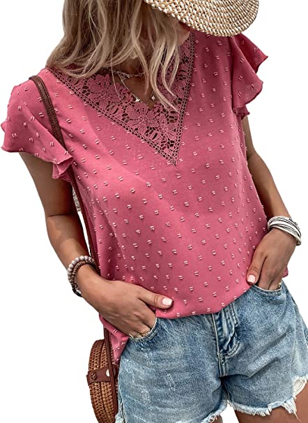 Milumia Women's Boho Swiss Dots Guipure Lace V Neck Flutter Cap Sleeve Blouse Tops