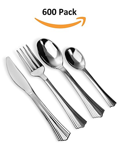 600-Piece Plastic Silverware Flatware Combo, Heavy Duty Looks Like Silver Cutlery – Set Includes 150 Forks, 150 Knives, 150 Soup Spoons, 150 Dessert Spoons, Total of 150 Place Settings