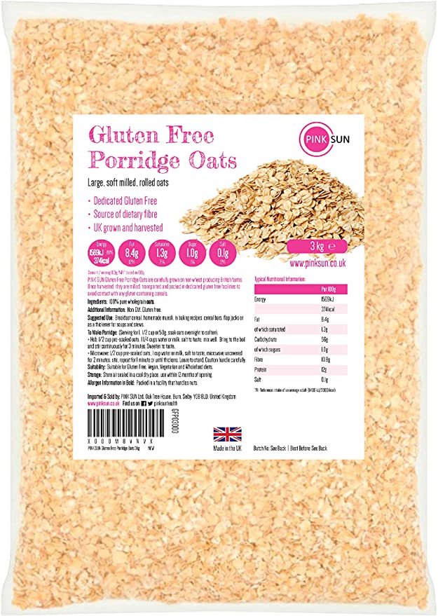 PINK SUN Gluten Free Oats 3kg (or 6kg 9kg 15kg) Rolled Wholegrain Porridge Oatmeal Vegetarian Vegan Non GMO Certified GF No Added Sugar Bulk British Grown in The UK