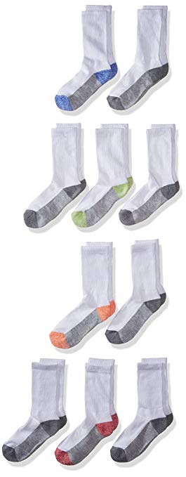 Fruit Of The Loom Big Boys' 10 Pack Crew Socks,  White/Gray/ Blue/ Green/ Orange/Red, Shoe Size: 3-9