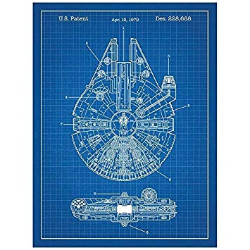 Inked and Screened Star Wars Millennium Falcon Design Patent Art Poster 18" x 24" Silk Screen Print, Blue