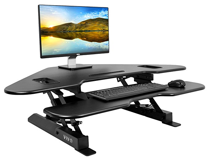 VIVO Black Corner Deluxe Height Adjustable Standing Tabletop Desk Monitor Laptop Cubical Riser Platform Sit to Stand Workstation Converter (DESK-V000C)