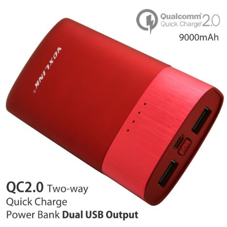 Qualcomm Certified Voxlink Quick Charge 20 Technology 9000mAh Portable External Battery Power Bank Supports 5V 9V 12V for Samsung Galaxy S6 Edge LG G4 Sony Xperia Z3 and other Red