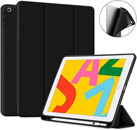 Ayotu Soft Case for New iPad 7th Generation 10.2" 2019, Auto Sleep/Wake Slim Lightweight Trifold Stand Case with Pencil Holder,Soft TPU Back Cover for Apple iPad 10.2 inch 2019 Version,Black