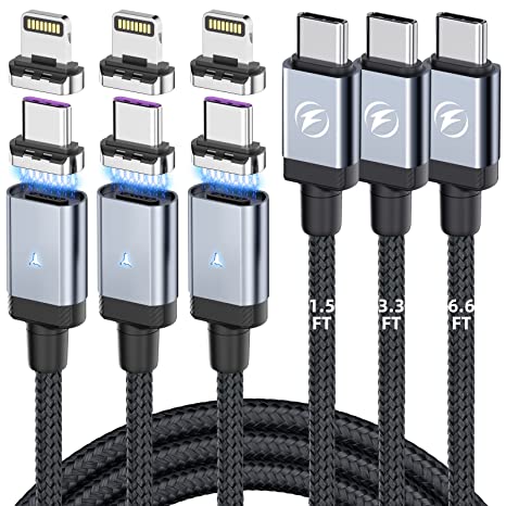 65W USB C to USB C Cable 2-in-1 Magnetic Charging Cable [3-Pack,1.5FT/3FT/6FT] 3A Fast Charging for iPhone Charger Data Transfer Magnetic Type C Cable for iPhone14/13/Samsung/Pixel/MacBook/ipad Air