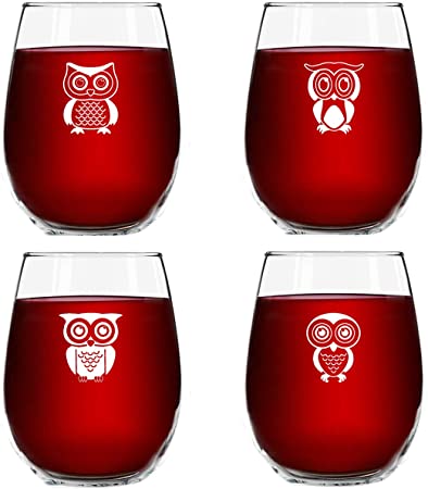 Cute Owl Wine Glass Set of 4 | Stemless Wine Glasses with 4 Unique Loveable Owls | 15 oz. Owl Decor Glasses | Makes Fun Owl for Women | Great Owl Kitchen Decor or New Home Gift Ideas | USA Made