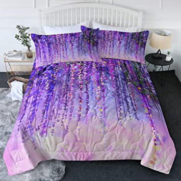 BlessLiving Watercolor Wisteria Comforter Set Soft Lavender and Purple Bed Sets Abstract Floral Design Botanical Lightweight Comforter 1 Reversible Comforter 2 Pillowcases (King)