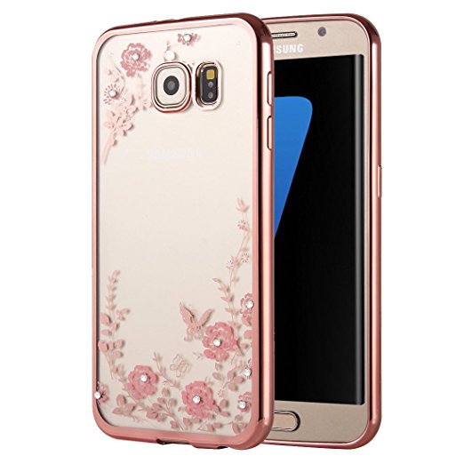 Samsung Galaxy S7 Edge Gel Case, KrygerShield® - Super Slim Clear TPU Cover, Pink Flower & Diamond Encrusted Pattern - Rose Gold