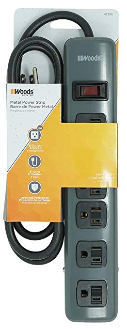 Woods 41386 Metal Power Strip with 6 Outlets, Resettable Safety Circuit Breaker Switch, 5 Foot Cord