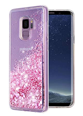 WORLDMOM Galaxy S9 Case,Double Layer Design Bling Flowing Liquid Floating Sparkle Colorful Glitter Waterfall TPU Protective Phone Case for Samsung Galaxy S9, Rose Gold