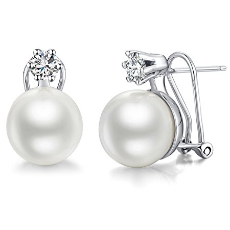 ZowBinBin Women Pearl Earrings, Cubic Zirconia Sterling Silver Pearl Stud Earrings, Freshwater Culture Shell 13mm Pearl Earrings For Bridal, Earrings Stud-Handpicked AAA Quality