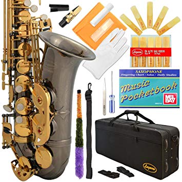 Lazarro 360-BN E-Flat Eb Alto Saxophone Black Nickel-Gold Keys with Case, 11 Reeds, Care Kit and Many Extras