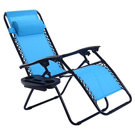 Goplus Folding Zero Gravity Reclining Lounge Chairs Outdoor Beach Patio W/Utility Tray (Light Blue)
