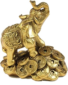 Mose Cafolo 3 1/2" Feng Shui Golden Elephant on Golden Money Coins Statue Wealth Lucky Figurine Gift & Home Decor (1 Set)