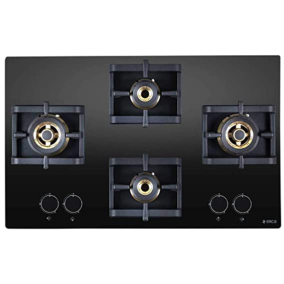 Elica Hob 4 Burner Auto Ignition Glass Top - 2 Mini Triple Ring and 2 Double Ring Brass Burner (FLEXI PRO FB 4B 70 MT DX)