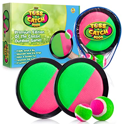 Premium Toss & Catch 3000 Ball Game By YoYa Toys | Durable Pink & Green Velcro Disc Paddles | 2 Balls Big & Small | For Outdoor Summer Fun, Parties, Kids, Adults & Family | Comes In A PVC Carry Bag