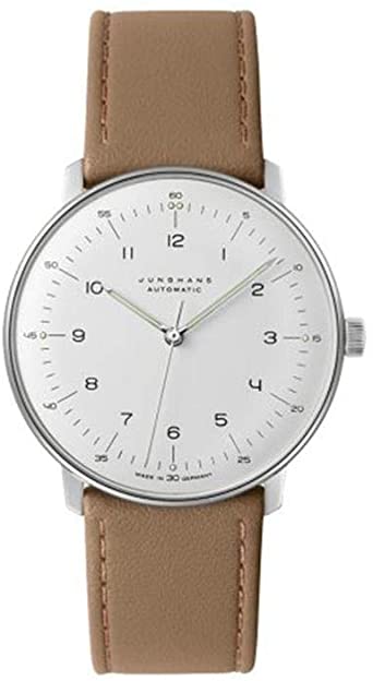 Junghans Max Bill Automatic Mens Watch - 38mm Analog White Face Classic Watch with Luminous Hands - Stainless Steel Brown Leather Band Luxury Watch for Men Made in Germany 027/3502.00