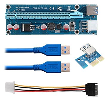 Kyerivs PCI-E 1x to 16x Powered Riser Adapter Card w/ 60cm USB 3.0 Extension Cable & MOLEX to SATA Power Cable - GPU Riser Extender Cable - Ethereum Mining ETH (1 pc)