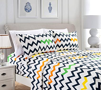 Elegant Comfort Chevron Pattern Collection 6-Piece Sheet Set Deep Pocket 1500 Thread Count, Fade, Stain, and Wrinkle Resistant, Fitted Sheet with Smart Pockets, Chevron Sheet Set, Queen, Multicolor