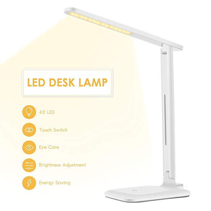 Yantop LED Desk Lamp, Eye-caring Table Lamp, Dimmable Office Study Computer Desk Light, Touch Control, Memory Function, 3 Color Mode & 3 Brightness, Foldable LED Lamp for Reading, Working, White
