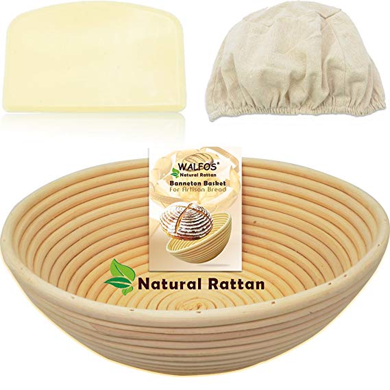 WALFOS 10" Round Banneton Proofing Basket Set - 100% NATURAL RATTAN French Style Artisan Bread Bakery Basket,Dough Scraper/Cutter & Brotform Cloth Liner Included - For Professional & Home Bakers