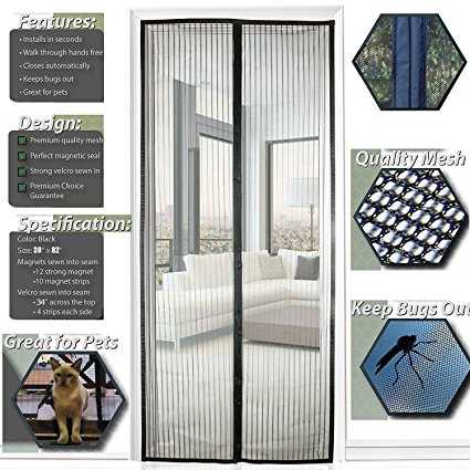 SIEGES Magnetic Screen Door Mesh Curtain with Full Frame and Push Pins Fix – Lets Air In, Fly Mosquito Insects Bug Proof - Toddler and Pet Friendly - Fits Door up to 38 x 82 Inch