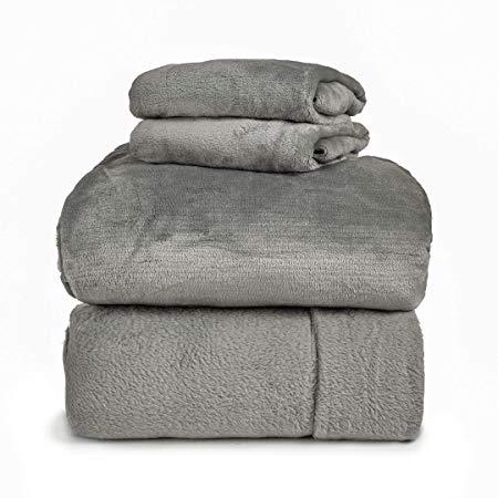 Spyder Insulated Warm Fleece Flannel Plush Sheet Set, Pillow Case, Flat & Fitted Sheet (Limestone, Queen)