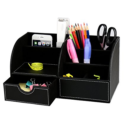 HOMETEK 7 Storage Compartment PU Leather Desk Organizer Desktop Organizer Card/Pen/Pencil/Mobile Phone/Remote Control Holder Caddy Office Supplies Desktop Stationery Storage Box (Black)