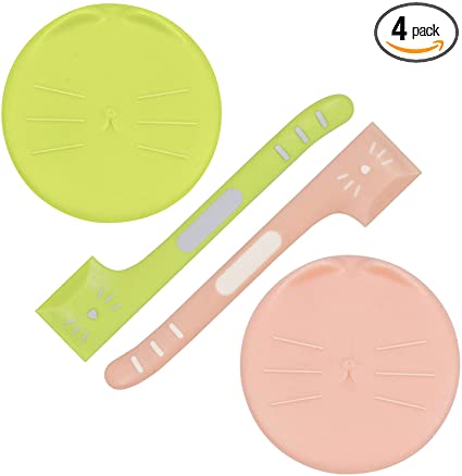 Dog Cat Can Covers and Spoons Set,2Pack Cute Cat Shaped Lids with Right Angle Spoons Universal 1 Fit 3 Size Can Lids Pet Food Can Tops,Green and Pink