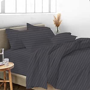 Queen Size 100% Egyptian Cotton 800 Thread Count 4 Piece Sheet Set - 18" Inch Deep Pocket, Smooth & Soft Sateen Weave, Premium Quality Hotel Bedding, Dark Grey Stripe