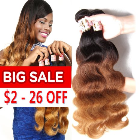 Beauty Forever Hair Brazilian Ombre Virgin Hair Body Wave Weft 4 Bundles 100% Human Hair Extensions #1b/4/27 Color (100+/-5g)/pc (24 24 24 24 Inch)