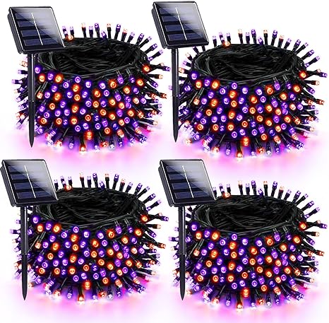 Orange and Purple Solar Halloween Lights Outdoor Waterproof, 4-Pack 180 FT 320 LED Solar String Lights Black Wire 8 Modes Solar Fairy Twinkle Lights for Tree Bush Garden Horror Party Decoration