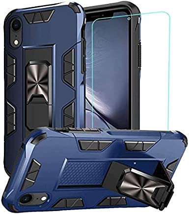 for iPhone XR Case with Screen Protector Dual Layer Soft Flexible TPU Hard Shell Military Grade Full-Body Rugged with Kickstand Car Mount Protective Cover Cases for iPhone XR 6.1 inch (Blue)