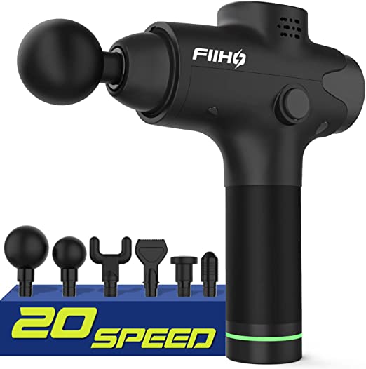 FIIHO Massage Gun Electric Portable Handheld Deep Tissue Percussion Massager 20 Speed 6 Heads Body Muscle Pain Relief Recovery Ultra Quite Brushless Motor