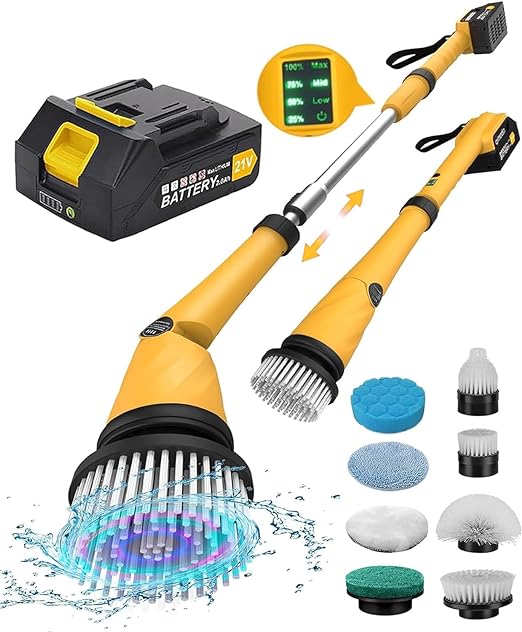 qimedo 1200 RPM Electric Spin Scrubber, 21V Detachable Battery Cleaning Brush with Smart Display, Cordless Electric Scrubber for Bathroom, 50inch Extendable Handle Power Scrubber with 8 Brushes