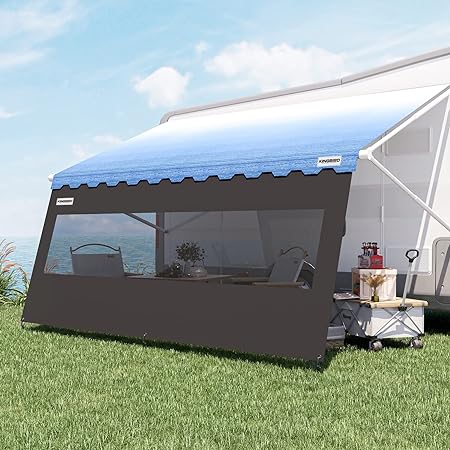 KING BIRD RV Awning Shade Screen, 8' x 15'3'', Extended 600D Top with Splicing Black Mesh Sunshade Blocks Sunlight, Improves Shadow and Privacy. Camper Trailer Shade Screen for Awnings