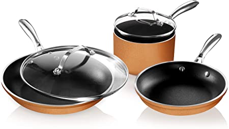 Gotham Steel Copper Cast 5 Piece Pots and Pans Set with Ultra Nonstick & Durable Iron Texture, 100% PFOA Free, Open Skillet with Stay Cool Stainless Steel Handle, Oven & Dishwasher Safe, As Seen on TV