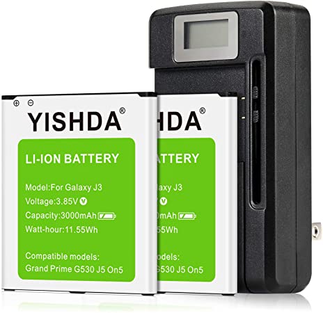 YISHDA Galaxy J3 Battery, 2x3000mAh Replacement Galaxy J3 J5 Li-ion Battery with Wall Charger for SM-G530 J320A J320V J320F J320P J327A J327P Galaxy Grand Prime | Galaxy On5 Spare Battery