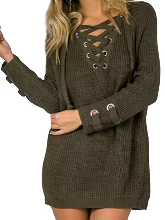 Joeoy Women's Lace Up Front V Neck Long Sleeve Knit Sweater Dress Top