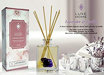 Luxe Home Lavender & Vanilla Scented Reed Diffuser Oil w/Sticks for Large Rooms | Real Flowers Inside The Bottle | Makes a Beautiful Idea