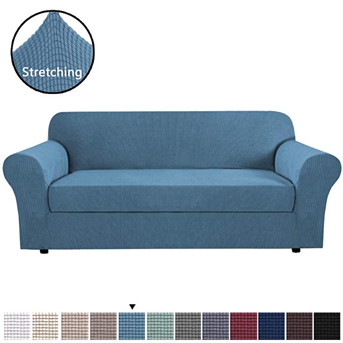 Stretch Slipcovers Sofa Covers Furniture Protector with Elastic Bottom, 2 Piece Couch Shield, Polyester Spandex Jacquard Fabric Small Checks Slip Resistant for Sofa(Sofa Large, Dusty Blue)