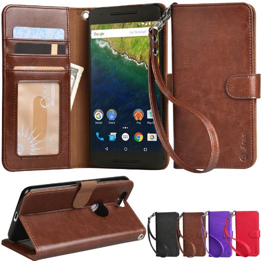 Nexus 6P case Arae Huawei Nexus 6P wallet caseWrist Strap Flip Folio Kickstand Feature PU leather wallet case with IDampCredit Card Pockets for Google Nexus 6P Brown