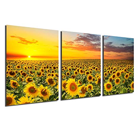 Sunflower Canvas Print Wall Art - Sunset Landscape Pictures Modern Painting Sunset Flowers Home Office Decorations Bedroom Kitchen Decor Yellow Flowers Giclee Artwork 3 Panels unframed 12x16 inch