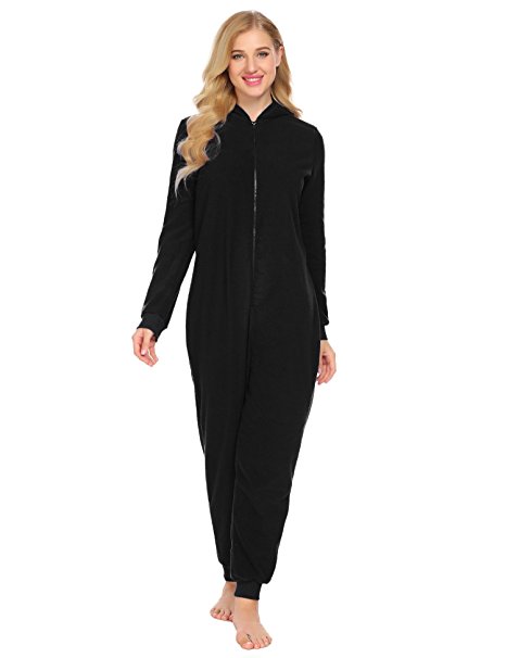 L'amore Women Onesie Pajamas Long Sleeve Hooded Solid Fleece Playsuit Nightwear Jumpsuit For Winter